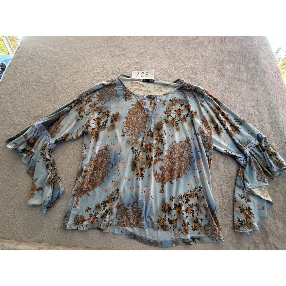 Jessie Max Blouse Womens XL Blue Paisley Ruffle Bell Sleeve Tie Neck